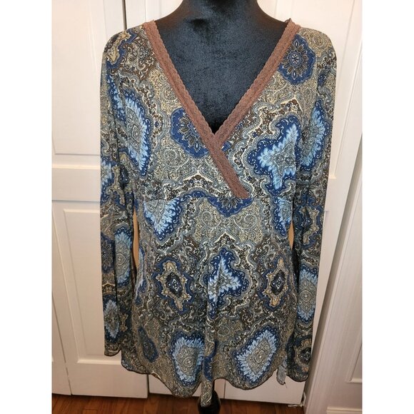 Fashion Bug Tops - Vintage y2K Blue/Brown Babydoll Stretchy Sheer Bell Sleeves Lace XL Boho Hippie